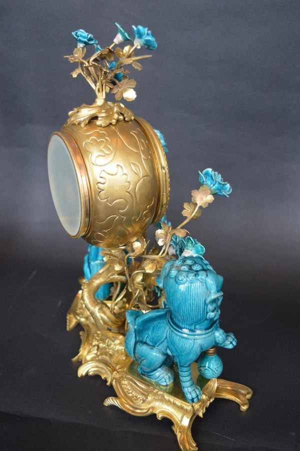 Rococo Chinosoiserie Style Three-Piece Gilt Bronze and Porcelain Clock Garniture