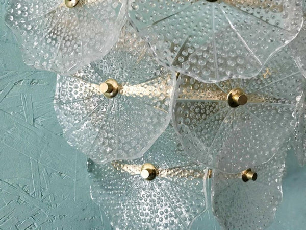 Pair of Clear Round Petal Murano Glass & Polished Brass Sconces, Italy, 1980's.