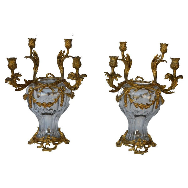 Pair of French, 19th Century, Louis XV Style Glass and Gild Ormolu Candelabra by Henri Vian