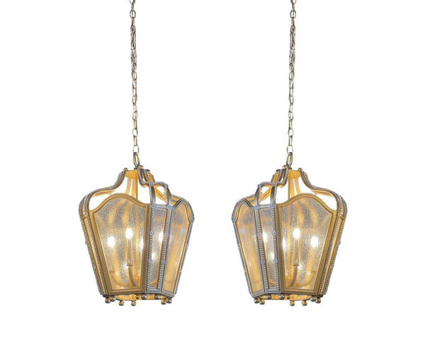 Pair of Gold Finished Wrought Iron Lanterns w/ Textured Glass & Glass Beads