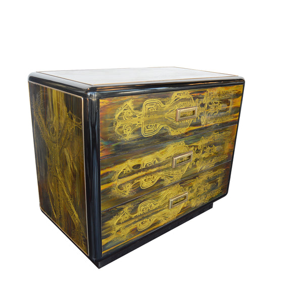 Small Commode Acid Etched, Brass Chest of Drawers by Bernhard Rohne for Mastercraft 1970s