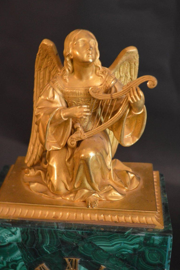 Malachite Clock with Gilded Bronze Angel