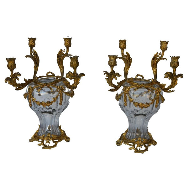 Pair of French, 19th Century, Louis XV Style Glass and Gild Ormolu Candelabra by Henri Vian