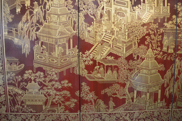 Hand Painted Robert Crowder, Chinoiserie Screen With Gold Leaf Detail. China, C.