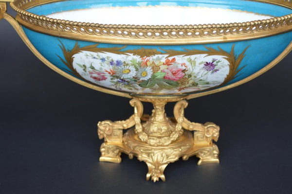 Sevres Style Parcel-Gilt Ormolu Mounted Enameled Blue Celeste Bowl