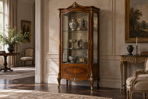 Antique glass-front vitrine in a refined gallery interior