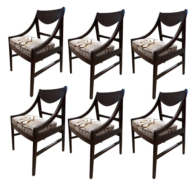 Set of Six Mid-Century Dark Wood Dining Chairs, Italy, 1960's.