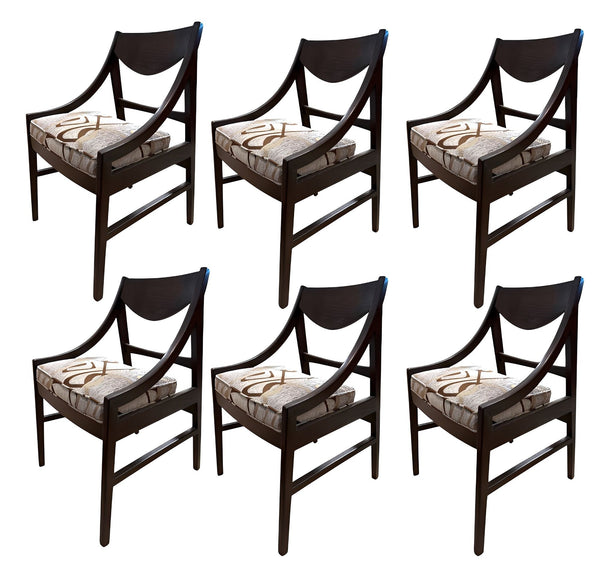 Set of Six Mid-Century Dark Wood Dining Chairs, Italy, 1960's.