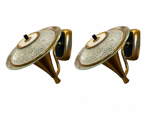 Pair of French Art Deco Brass and Textured Glass Wall Sconces, France, 1940’s.