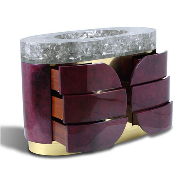 Citron Bathroom Vanity Cabinet-Hand-Dyed Eggplant Goatskin w/ Crystal Resin Sink