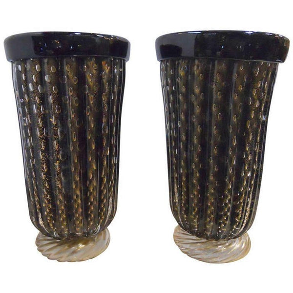 Elegant Pair of Murano Black & Gold Vases by Pino Signoretto. Italy, 1960's.