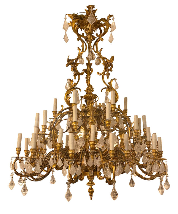 French 1880s Louis XVI 42-Light Dore Bronze & Rock Crystal Chandelier Signed B.R