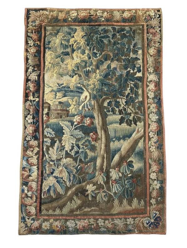18th Century Franco-Flemish Verdure Tapestry with Bird in Flowering Landscape