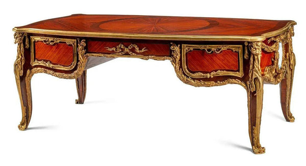 French 20th C. Louis XV Style Bronze Mounted-Kingwood & Plaque-Inset Bureau Plat