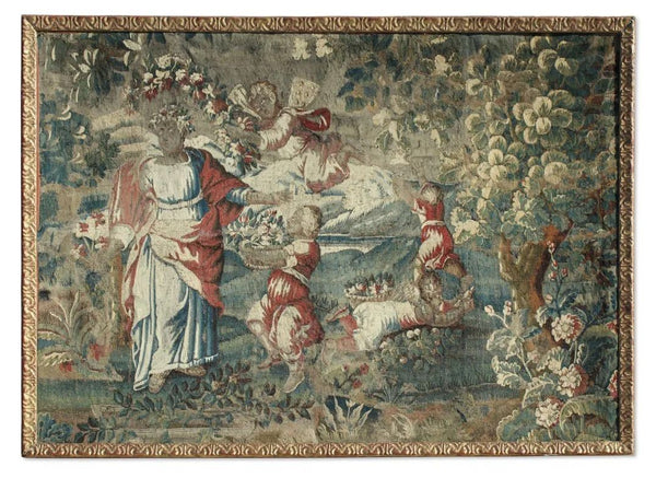 17th Century Flemish Baroque Tapestry Fragment in Later Giltwood Frame. Belgium.