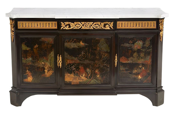 French Napoleon III Chinoiserie Credenza with Marble Top. Late 19th Century.