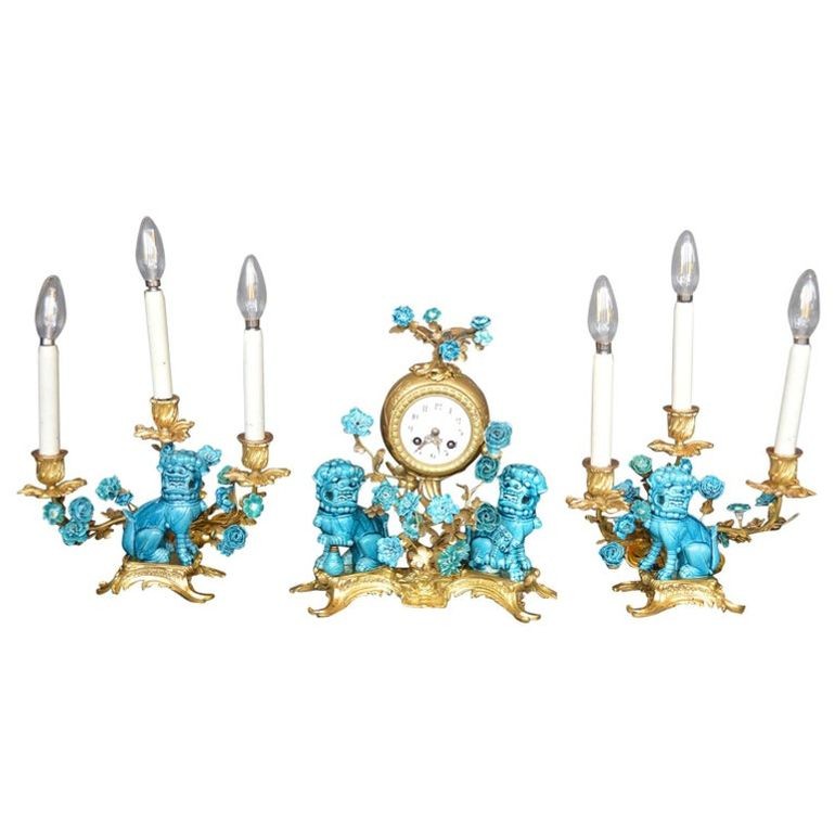 ROCOCO Rococo Chinosoiserie Style Three-Piece Gilt Bronze and Porcelain