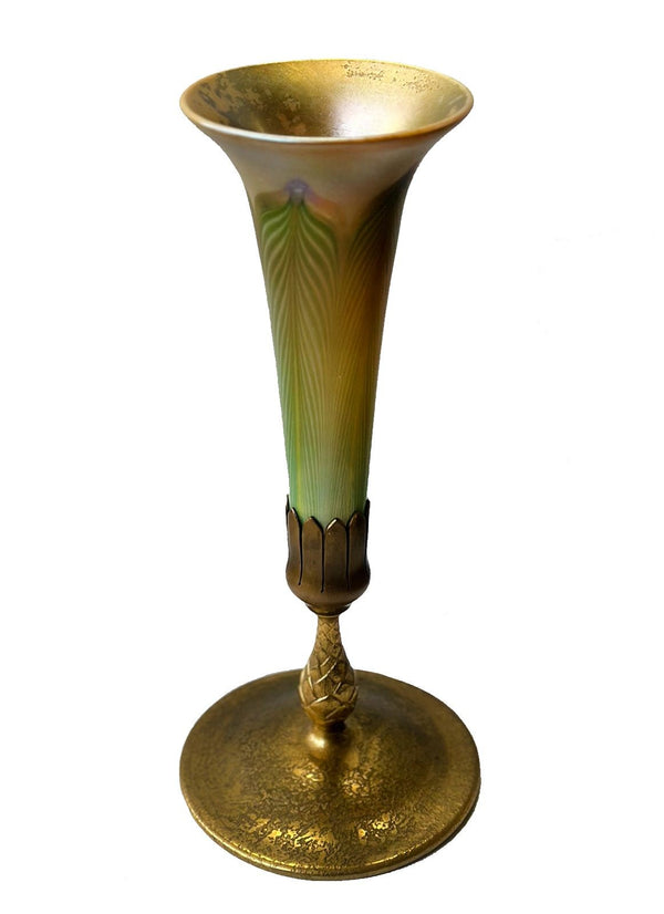 L.C. Tiffany Favrile Glass and Gilt Bronze Trumpet Vase, No. 1043