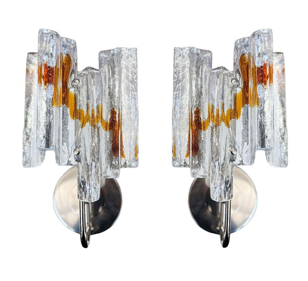 Pair of Clear & Amber Murano Glass Sconces, c. 1960's