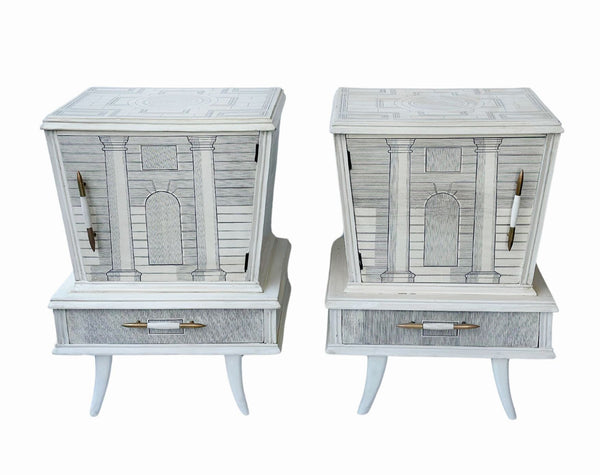 Pair of Italian Architectural Nightstands in the Style of Fornasetti, c. 1960's