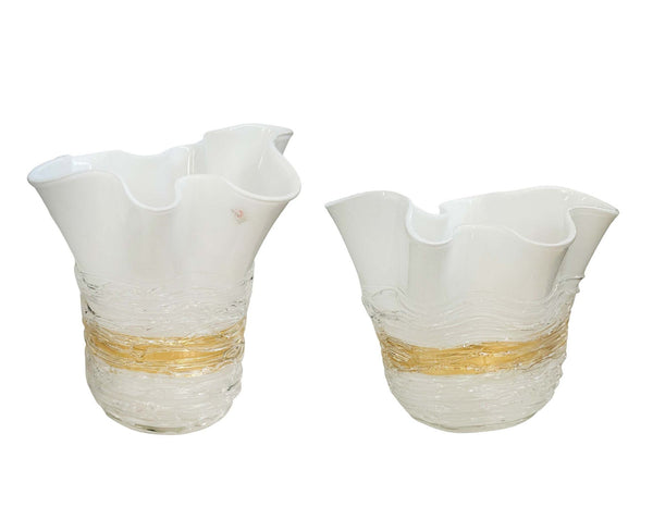 Pair of Handblown Ruffled Murano Glass Vases by Camozzo