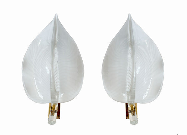 Pair of White Striped Murano Glass Leaf Sconces by Franco Luce