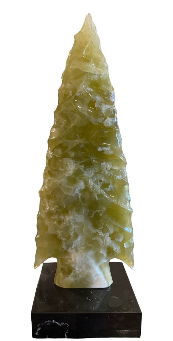Large Carved Green Onyx Arrowhead Sculpture on Marble Base. Mexico, Late 20th C.