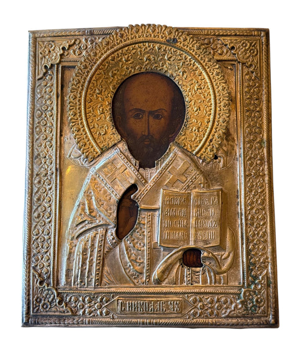 19th Century Russian Saint Nicholas Icon with Repoussé Oklad