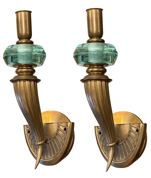 Pair Gio Ponti for Fontana Arte Style Brass & Nile Green Sconces. Italy, 1950's