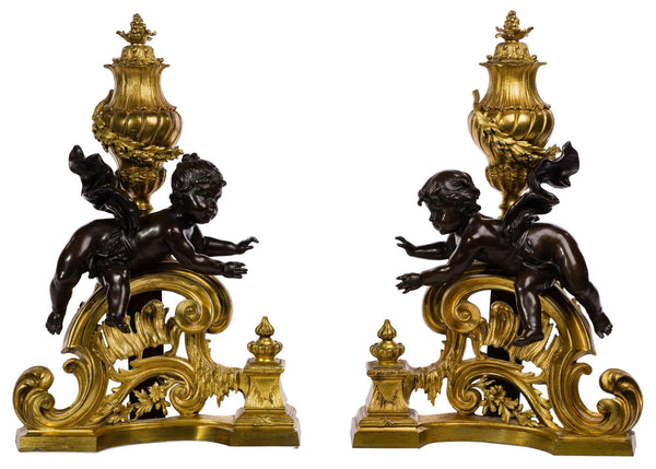 Pair of French 19th Century Bronze Putti Chenets