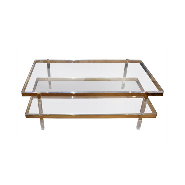 Sleek Vintage Lucite & Brass Two-Tier Coffee Table by Charles Hollis Jones, c. 1960's