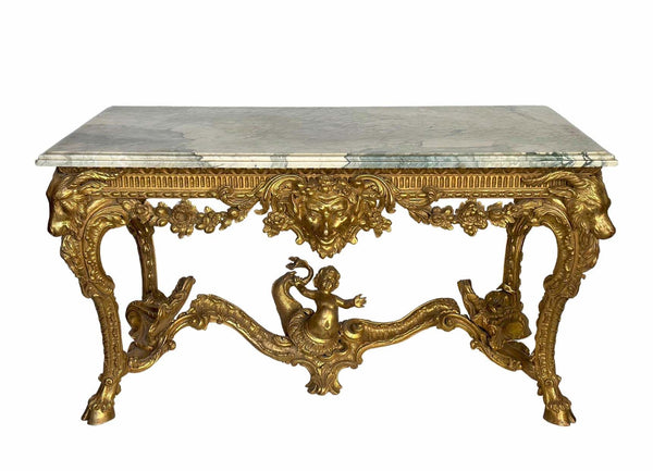 Important Late 19th C. English Neoclassical Giltwood Console Table w/ Marble Top
