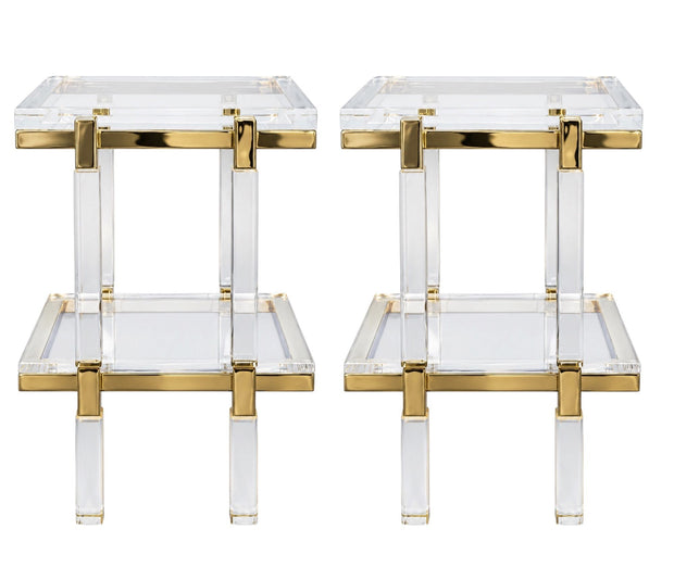 Pair of Charles Hollis Jones Lucite & Brass Two-Tier Side Tables, Late 20th C.