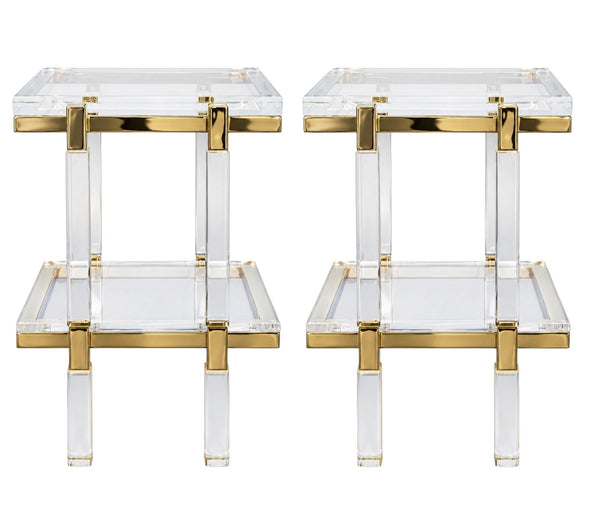 Pair of Charles Hollis Jones Lucite & Brass Two-Tier Side Tables, Late 20th C.