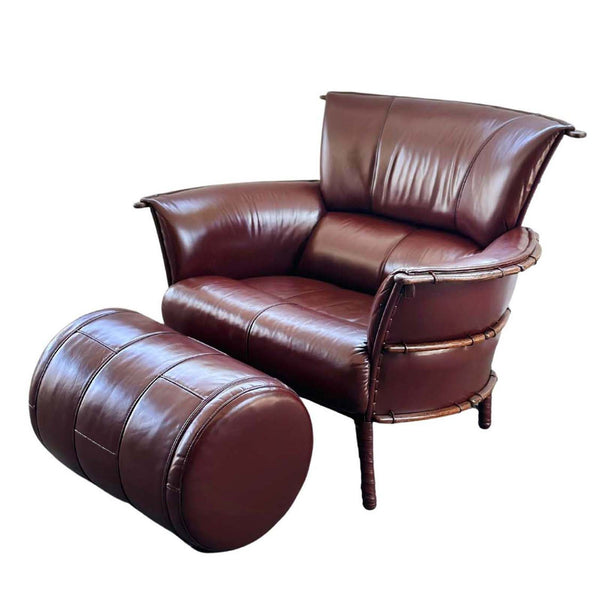 Set of Burgundy Leather Armchair and Ottoman by Pacific Green