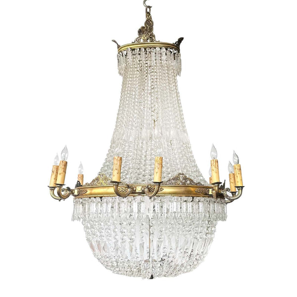 Large French Empire-Style Bronze & Glass Chandelier, c. 1920's