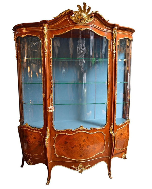19th Century French Louis XV-Style Marquetry Vitrine with Gilt Bronze.