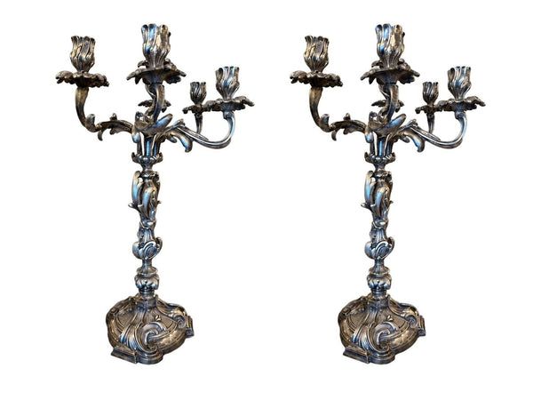 Pair of 19th Century French Silver-Plated Bronze Candelabras