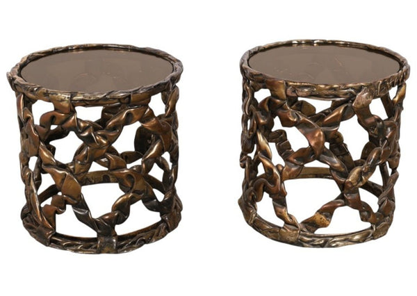 Pair Tony Duquette Ribbon Drum End Tables Gold Leaf Bronze Glass. U.S.A. 1970's.