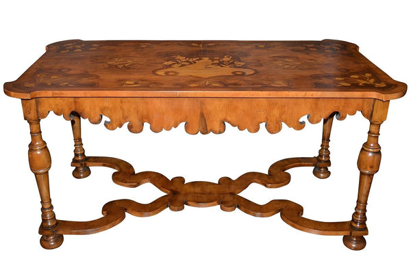 19th Century Italian Marquetry Inlaid Walnut Table with Scalloped Apron
