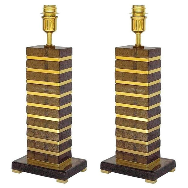 Pair of Italian Table Lamps w/ Smoky Murano Glass Blocks, 1990s.