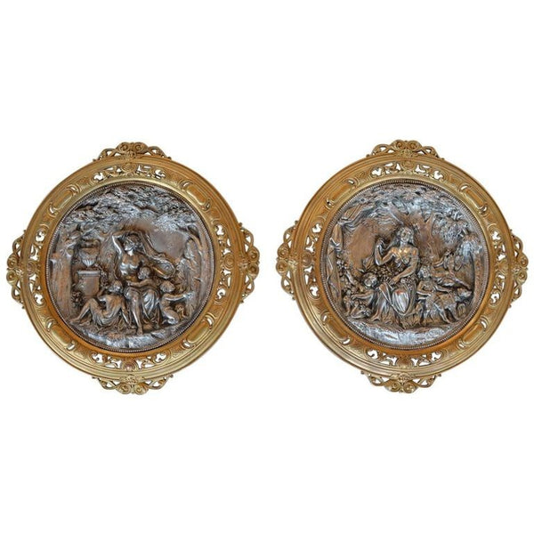 Pair of Italian Deep Relief Figural Metal Wall Plaques, Late 19th Century.