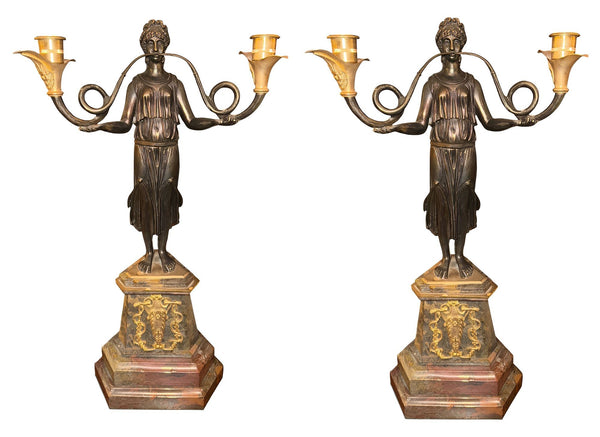 Pair of French 19th Century Empire Style Bronze, Ormolu & Marble Candelabras.