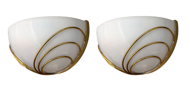 Pair of Italian Mid-Century Half-Moon Murano Opaline Glass & Brass Wall Sconces.