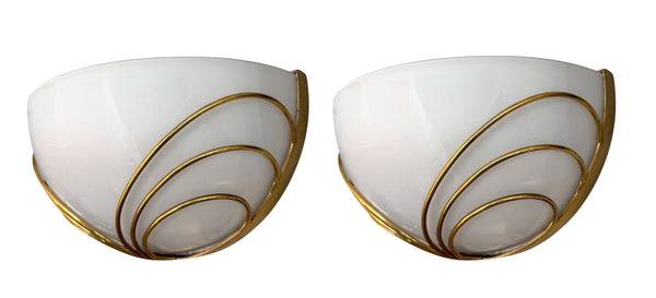 Pair of Italian Mid-Century Half-Moon Murano Opaline Glass & Brass Wall Sconces.