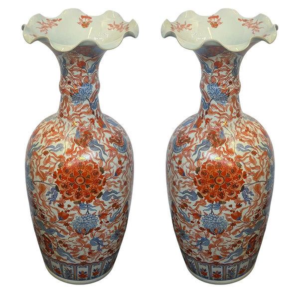 Pair of Large Porcelain Rippled Japanese Imari Vases, c. 1900's