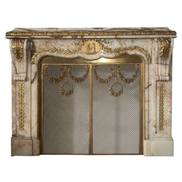 19th Century French Louis XV–Style Onyx & Dore Bronze Fireplace Mantle
