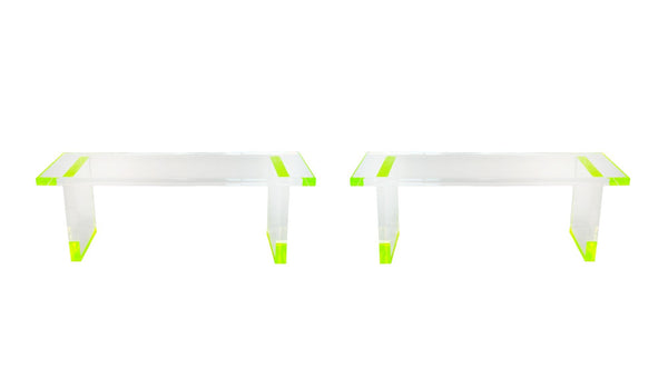 Pair of Modern Lucite Benches with Florescent Green Details by Pegaso Gallery Design