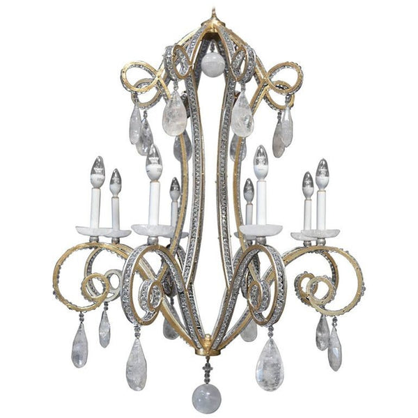 Italian Silver and Gold Leaf Rock Crystal Chandelier. 1970's.