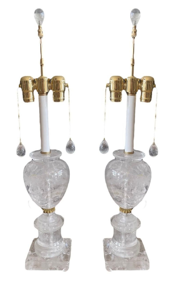 Pair of French Carved Rock Crystal Table Lamps, 20th Century